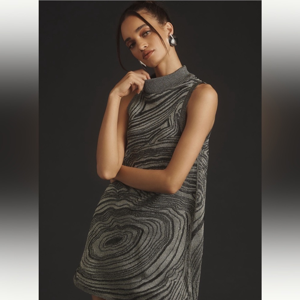ANTHROPOLOGIE Metallic Sleeveless Mock-Neck Sweater Mini Dresssize Small - Picture 2 of 7